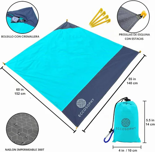 Vista 2 de ECCOSOPHY Manta de playa a prueba de arena, 100% impermeable, manta de picnic de 60 x 55 pulgadas, manta de bolsillo compacta para exteriores, funda