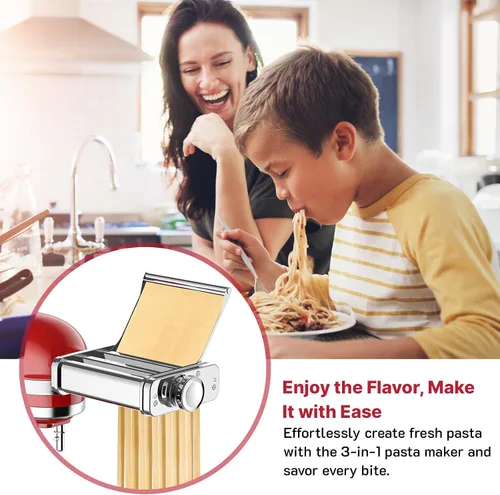 Vista 6 de Accesorio para hacer pasta de acero inoxidable para batidora de pie, 3 en 1 con placa de rodillo de transporte automático, incluye rodillo de pasta