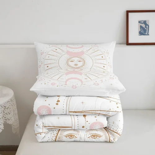 Vista 5 de Juego de edredón bohemio dorado tamaño Queen para niños y niños, decoración de habitación de luna rosa, misterioso, bohemio, juego de ropa de cama