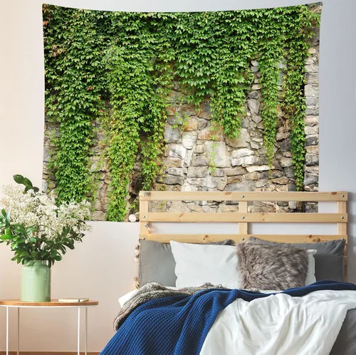 Vista 5 de BELECO Tapiz de pared de piedra con hojas para colgar en la pared, 176 x 118 pulgadas, jardín de primavera, pared de piedra vieja, tapiz de hojas
