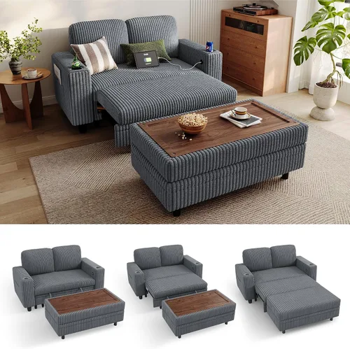 Vista 17 de LINSY HOME Sofá cama seccional con sofá cama extraíble para sala de estar (azul) Plush Corduroy