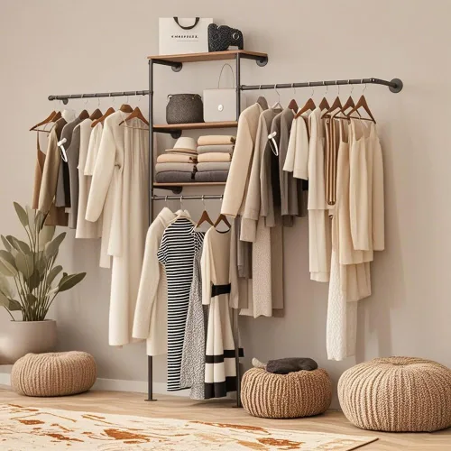 Vista 7 de KaKaBB Perchero de ropa estilo tubería industrial - Perchero de ropa de alta resistencia para montar en la pared, sistema de armario en esquina