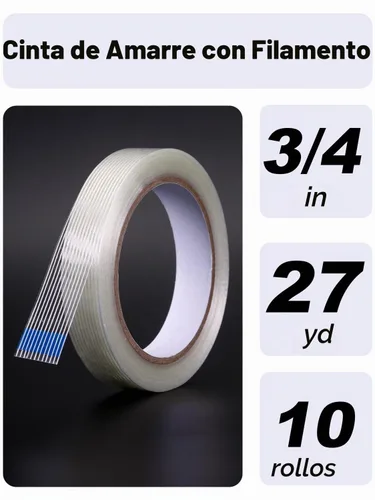 Vista 2 de Paquete de 10 cintas de fleje de filamentos de 3/4 pulgadas x 27 yardas, 270 yardas en total, embalaje reforzado de fibra de vidrio transparente