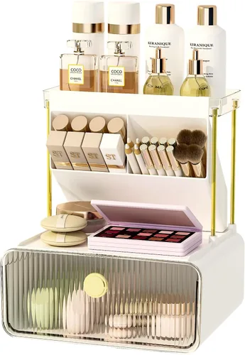 Vista 11 de FOLLOWIN Organizador de maquillaje de 3 niveles con cajón, exhibición de cosméticos con soporte para brochas de pintalabios, organizadores
