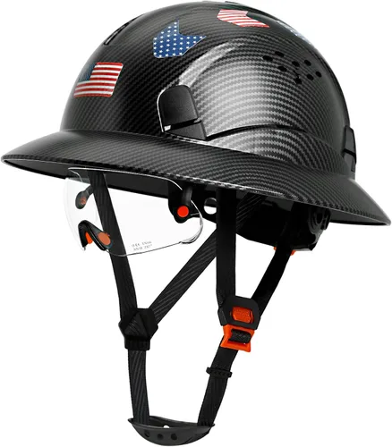 Vista 15 de Casco duro de ala completa con patrón de fibra de carbono con visera, casco de seguridad de construcción aprobado por la OSHA para hombres
