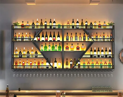 Vista 12 de Estante moderno de 59 pulgadas para vino montado en la pared con luz LED, estantes de barra de pared de metal con soporte para vidrio, estante