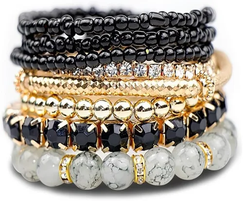 Vista 8 de Pingyongchang - Juego de pulseras apilables de múltiples capas estilo bohemio con cuentas de cristal para mujer, hechas a mano, con cuentas doradas
