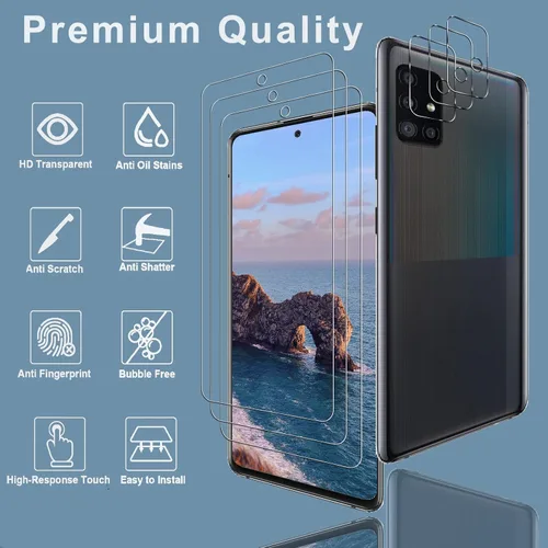 Vista 2 de Paquete de 3 + 3 protectores de pantalla para Galaxy A51 + protector de lente de cámara, vidrio templado de dureza 9H, resistente a los arañazos