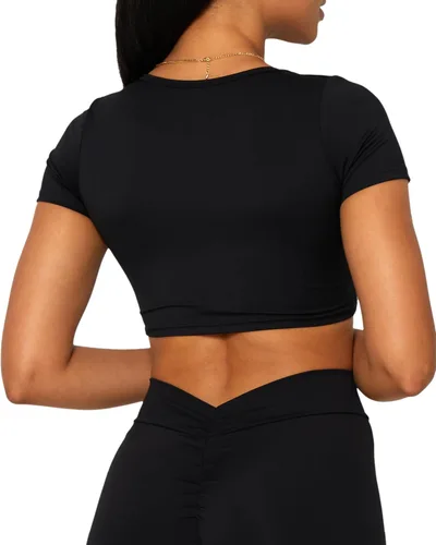 Vista 4 de Danysu Parte superior con nudo frontal para mujer, con relleno, manga corta, para entrenamiento, con nudos, para gimnasio