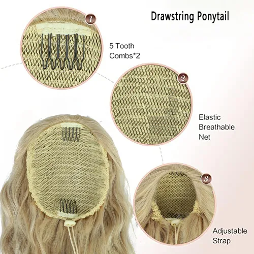 Vista 3 de Extensión de cola de caballo rubio con cordón para mujer, larga y rizada de 26 pulgadas, extensiones de cabello sintético natural, extensiones