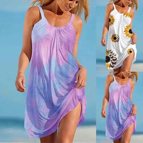 Vista 5 de Oiumov Vestidos de verano para mujer casual tirantes delgados bohemio floral talla grande sin mangas vestido cruzado para la playa