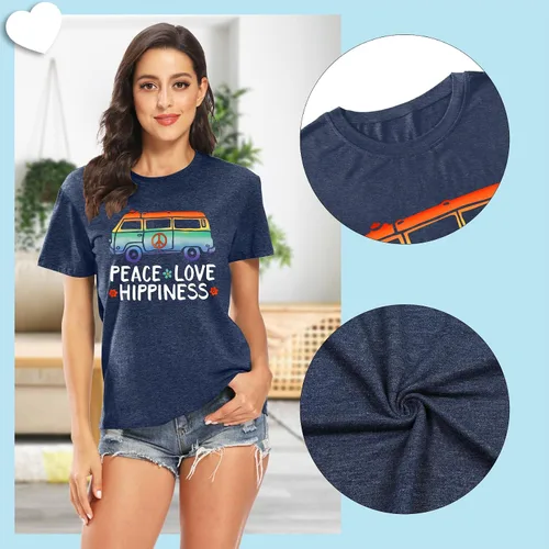 Vista 5 de Camiseta de amor con signo de paz para mujer, camiseta con estampado de flores, hippie de manga corta de los años 60 y 70, camiseta inspiradora