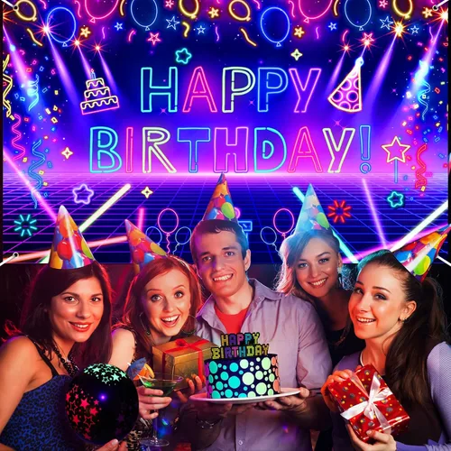 Vista 4 de Decoración de pancarta de fiesta de cumpleaños de neón brillante, telón de fondo de feliz cumpleaños con temática de fiesta