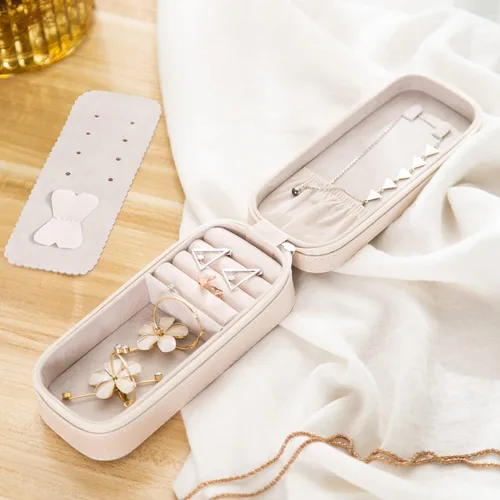 Vista 7 de SANQIANWAN Pequeña caja organizadora de viaje de joyería con estuche portátil de piel sintética para collares, anillos, aretes, diseño de borlas