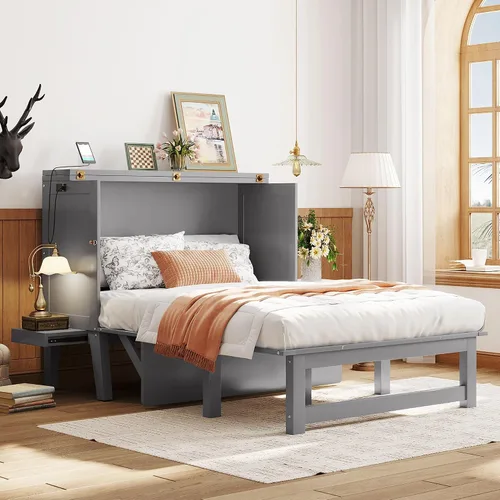 Vista 38 de Baúl móvil Murphy de tamaño Queen con módulo USB integrado de doble alimentación/USB, armario moderno y tradicional de madera maciza con cajón Gris-A