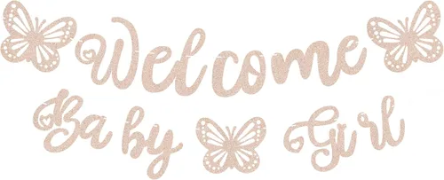 Vista 9 de Cartel de bienvenida preencordado para bebé niña, decoración de fiesta de bienvenida con purpurina dorada, perfecta para fiesta de revelación