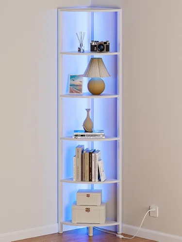 Vista 11 de Furnulem Estante esquinero de 6 niveles con luz LED, organizador de estante de pie de 67.5 pulgadas de alto, estantería estrecha negra con estante