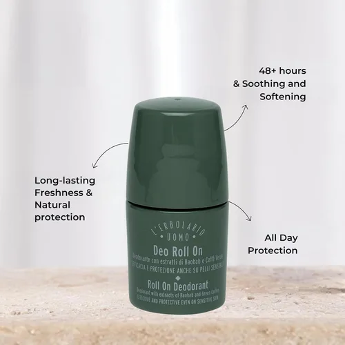 Vista 4 de L'Erbolario Uomo Roll On Desodorante para hombre con baobab y extracto de café verde, inhibe olores, suaviza la piel, para todo tipo de piel, 1.6