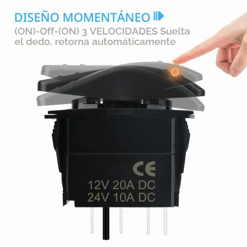 Vista 3 de Interruptor basculante momentáneo (ON) - Apagado (ON) Impermeable 12V/20A 24V/10A 7Pin DPDT luz LED verde, con cables de puente para barco