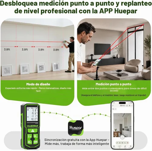 Vista 3 de Huepar - Herramienta de medición láser Bluetooth de 200 pies S60-BT, control de aplicación, medidor de distancia láser USB-C recargable, ± 1/16