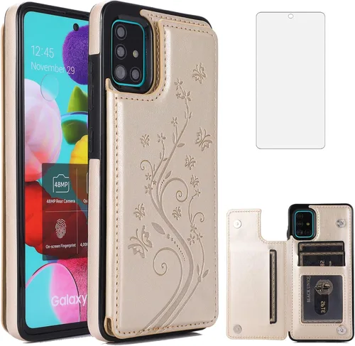 Vista 11 de Funda de teléfono para Samsung Galaxy A51 4G con protector de pantalla de vidrio templado y tarjetero con soporte para tarjetero, accesorios de Negro