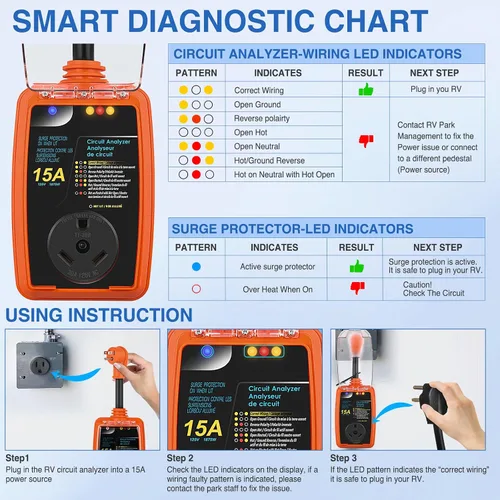 Vista 7 de Nilight Adaptador de corriente protector contra sobretensiones RV de 15 a 30 amperios, monitor de voltaje de 2100 julios, convertidor 5-15P a