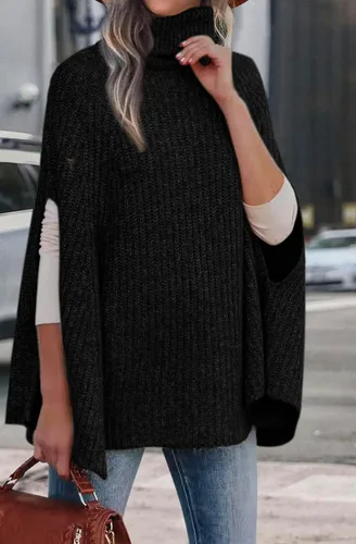 Vista 7 de KIRUNDO Suéter tipo poncho de cuello alto para mujer, para otoño e invierno 2024