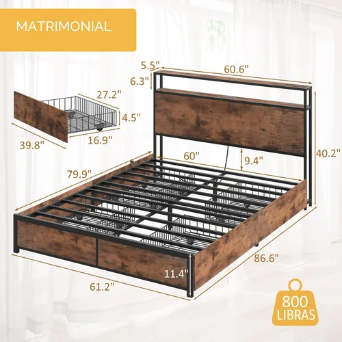Vista 2 de Lifezone Base de cama Queen con cabecera de almacenamiento de 2 niveles, base de cama de plataforma de metal con 4 cajones de almacenamiento, Marrón