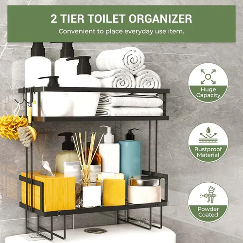 Vista 3 de DINEST Organizador de estante de almacenamiento de 2 niveles sobre el inodoro, estantes organizadores de baño resistentes, diseño multifuncional