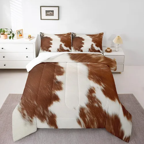 Vista 10 de Juego de edredón con estampado de vaca marrón para niñas y niños, edredón de plumón de piel de vaca de las tierras altas, ropa de cama de piel
