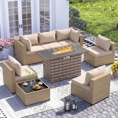 Vista 10 de UDPATIO Muebles de exterior 7 piezas de mimbre para patio, cojín Beige