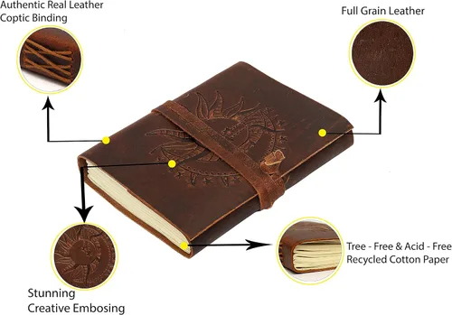 Vista 3 de CREATIVE LEATHER ART Sun Moon Emboss - Cuaderno de bocetos de cuero vintage con diseño de líneas marrones, 7 x 5 pulgadas, 240 páginas