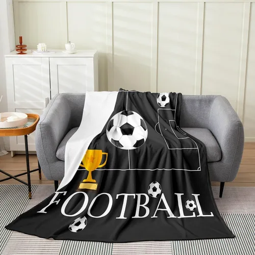 Vista 2 de Manta de franela de fútbol, manta de felpa deportiva de juego de pelota para cama, sofá para todas las estaciones, manta de cama negra con trofeos