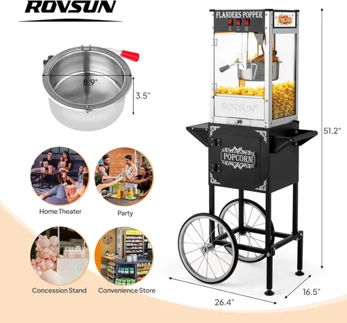 Vista 7 de Máquina de palomitas de maíz ROVSUN con carrito, ruedas y hervidor de 8 onzas, hace hasta 32 tazas, máquina de palomitas con cuchara para palomitas
