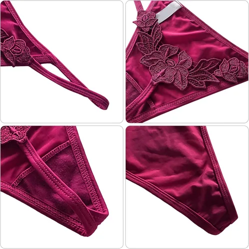 Vista 3 de SEAUR Tangas de encaje sexy para mujer, retro, con espalda en T, ropa interior floral de baja altura