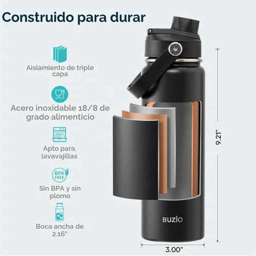 Vista 4 de BUZIO Botella de agua aislada de 24 oz, frasco de agua de boca ancha de acero inoxidable con tapa de pajita, frío durante 48 horas a prueba de Negro