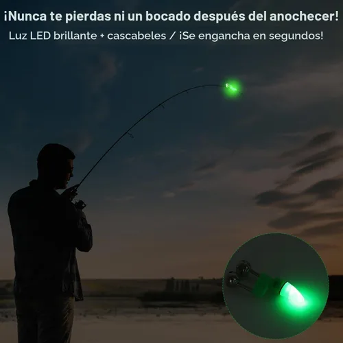 Vista 2 de 25 campanas de caña de pescar con luces de punta, alarmas de mordedura de pesca dobles para cañas de pesca, luces LED brillantes para pesca