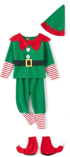 Vista 4 de Springcmy Disfraz de elfo de Navidad para mujeres y hombres, disfraz de Santa Claus, pantalones + calentador de piernas, sombrero + cinturón