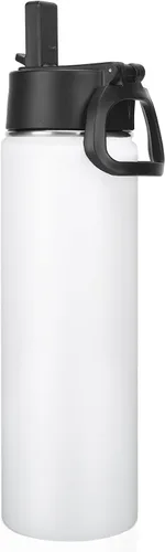 Vista 29 de Neihepal Botellas de agua aisladas de 22 onzas con tapa con popote a prueba de fugas, botella de agua de acero inoxidable de doble pared de boca