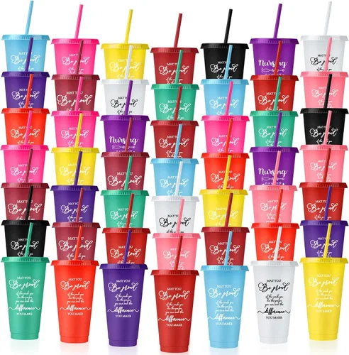 Vista 13 de Nuenen 50 vasos de agradecimiento a los empleados con popote y tapa a granel de 24 onzas, taza de agradecimiento, regalo de fiesta de Navidad, vasos
