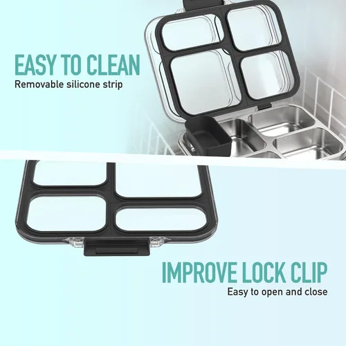 Vista 4 de Caja Bento de acero inoxidable para niños con recipiente de silicona, lonchera metálica de 4 compartimentos para niños y adultos, sello de silicona