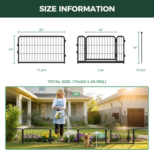 Vista 6 de FXW Valla de jardín al aire libre para el patio, 17 pulgadas de alto x 29.3 pies de largo, barrera de metal resistente para animales, para perros