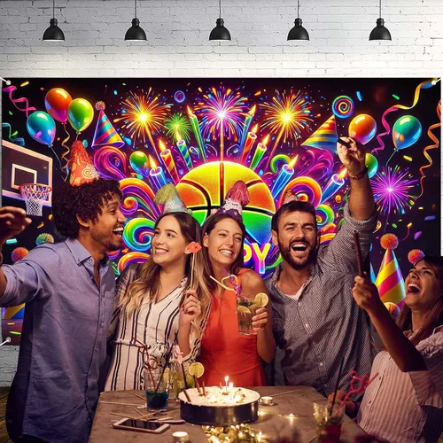 Vista 2 de Nuxovilar - Cartel de feliz cumpleaños de baloncesto neón de 71 x 43 pulgadas Fondo de baloncesto neón de alta energía para noches