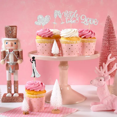 Vista 6 de 30 piezas de decoración para cupcakes con purpurina y corazón de amor, color champán, despedida de soltera, decoración para boda, compromiso plateado