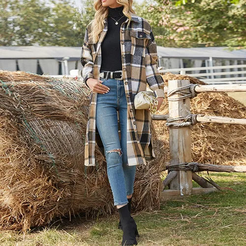 Vista 5 de Ainangua - Camisa informal larga de mezcla de lana a cuadros para mujer, chaqueta con botones y bolsillos