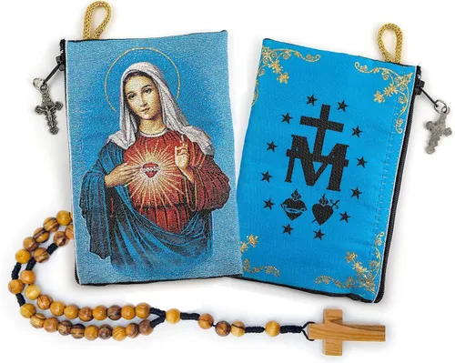 Vista 8 de Bolsa de rosario con cuerda católica de madera de olivo, rosario de Israel, Jesús Rey del Universo y creo en Dios, tela tejida, estilo tapiz, bolsa