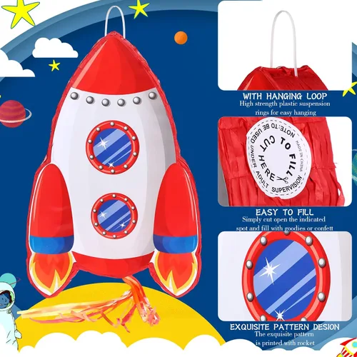 Vista 4 de Rocket Pinata Space Pinata con palo de los ojos vendados para niños, clásica