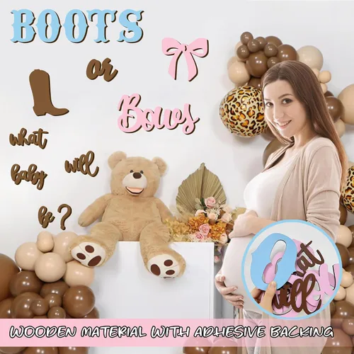 Vista 5 de Adhesivos de madera para señalización de revelación de género, arco de globos "¿Qué será el bebé?", botas o lazos, suministros de decoración