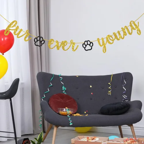 Vista 5 de Cartel de Fur Ever Young, decoraciones de fiesta de cumpleaños con temática de mascotas, pancarta de cumpleaños de perro y gato, suministros