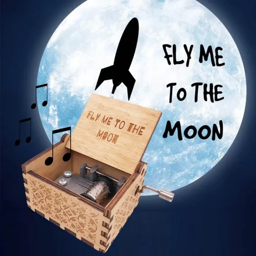 Vista 4 de Youtang Regalos para ella él, caja de música de madera Fly Me to The Moon, cajas musicales de madera grabadas antiguas, regalos para amantes